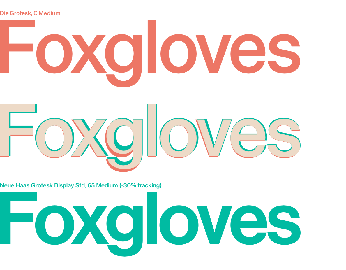 Three rows of text, each saying "Foxgloves". The top row is in Die Grotesk, the bottom row is in Neue Haas Grotesk, and the middle row is the two typefaces superimposed.